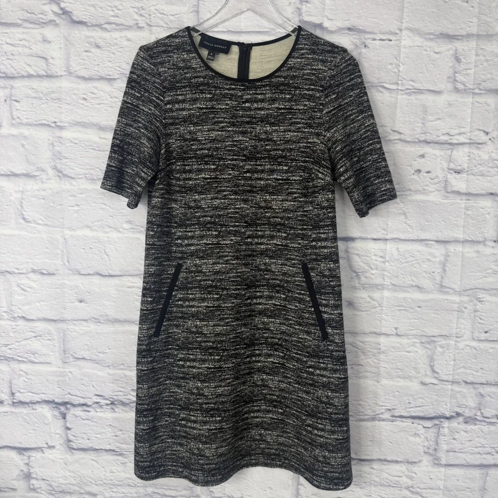Donna Morgan Black‎ White Marled Knit Shift Dress Faux Pockets Womens Size 6